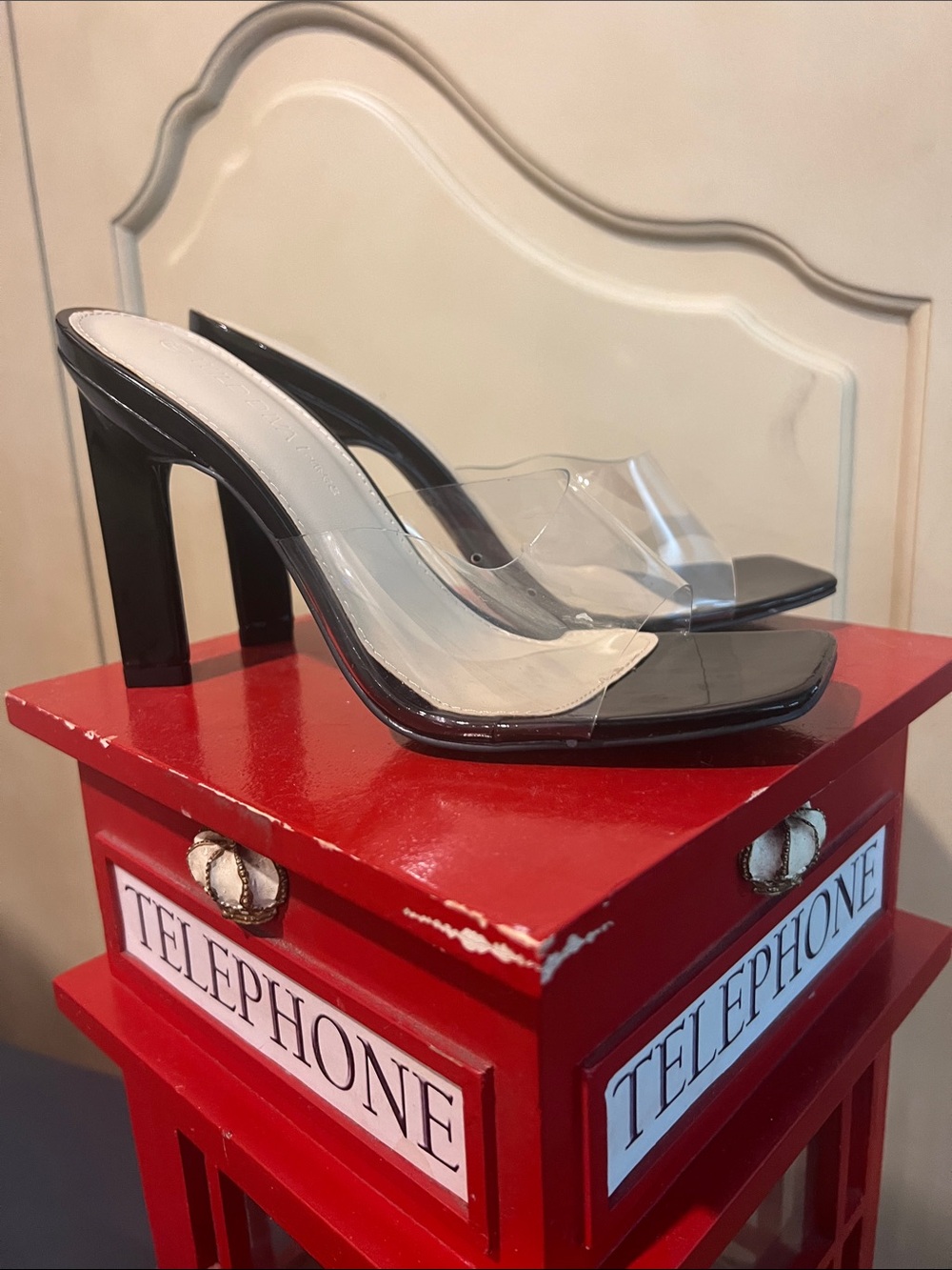 Clear Strap Black Patent High Heel Mules - Women's